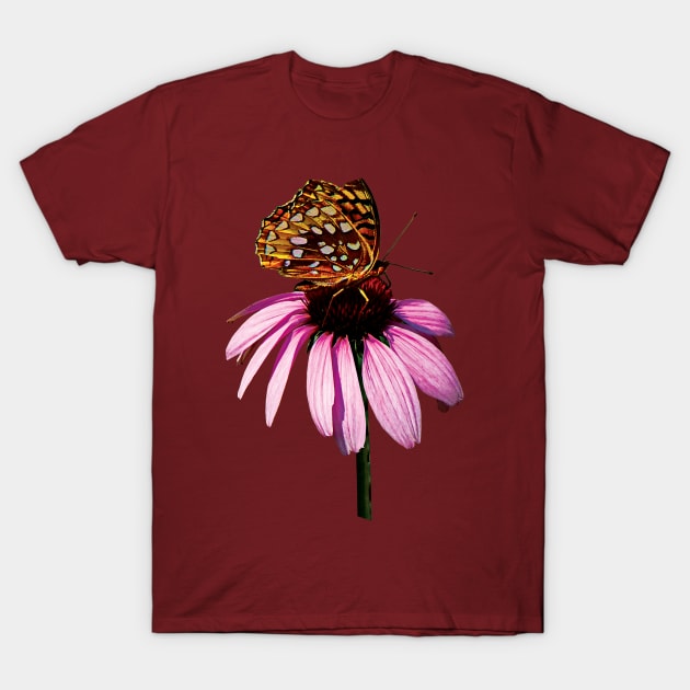 Daisies - Fritillary on Purple Coneflower T-Shirt by SusanSavad